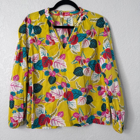 Boden Yellow Tropical Leaf Floral Print Cotton V-Neck Blouse W0702 Womens 10 - Picture 2 of 5